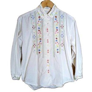 Vintage Embroidered Button Sown Shirt Top Boho Cottage Core Shabby Chic